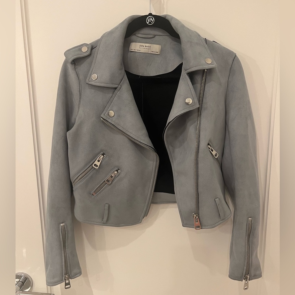 Baby blue suede biker jacket